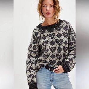Free People Gray Heart Argyle Knit Crew Neck